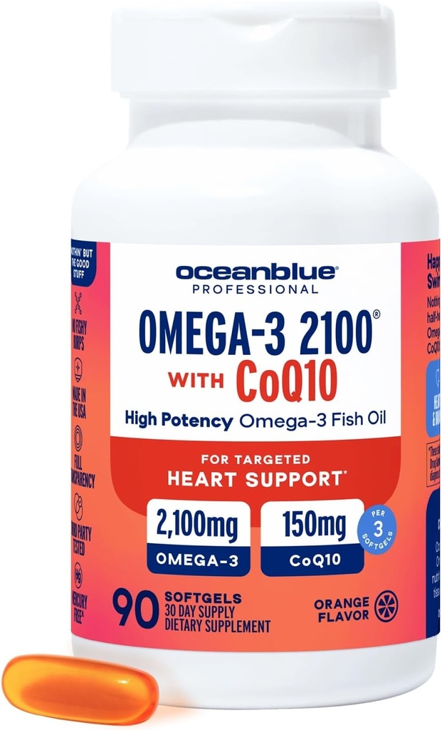 Oceanblue Omega 3 2100 con CoQ10  sometido Triple Strength Fish Oil Combo Suplemento Silencio 1350MG EPA 650MG DHA 150MG DPA con 150MG CoQ10 Silencio Orange Flavor ← Sostenimiento del corazón