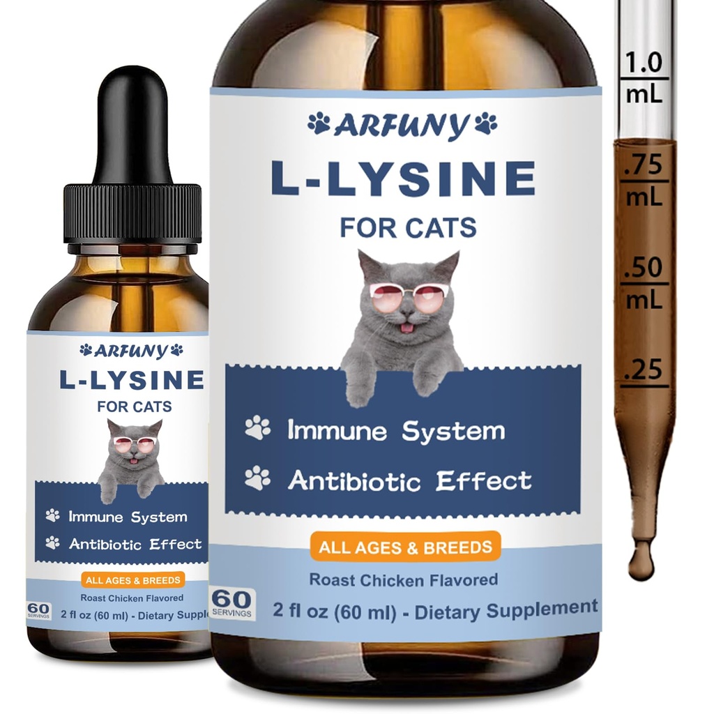 L-Lysine Suplemento para gatos - Immune Support - 60ML Lysine for Feline Respiratory, Sneezing, Runny Nose, Eye Function - Natural Cat Antibiotic Drops - Roast Chicken Flavor