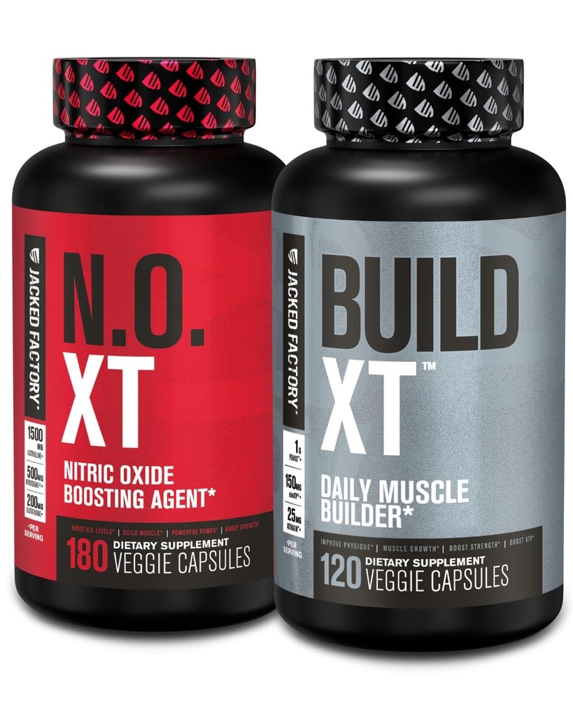 Fabricante de musculoso Jacked Factory Suplemento Stack - Build-XT Muscle Builder & N.O. XT Nitric Oxide Boosting Agent for Dual Support (60 Day Supply)