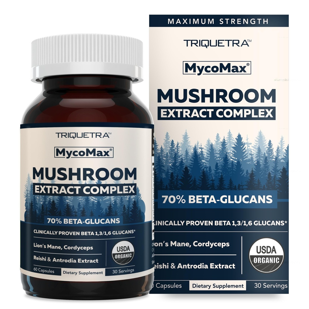 MycoMax Mushroom Complex - 70% Beta Glucans, Max Potency Mushroom Suplemento, US Grown + Extracción Ultrasónica - Lions Mane, Cordyceps, Reishi &amp; More - Cognition, Immunity, Energy - 60 cápsulas
