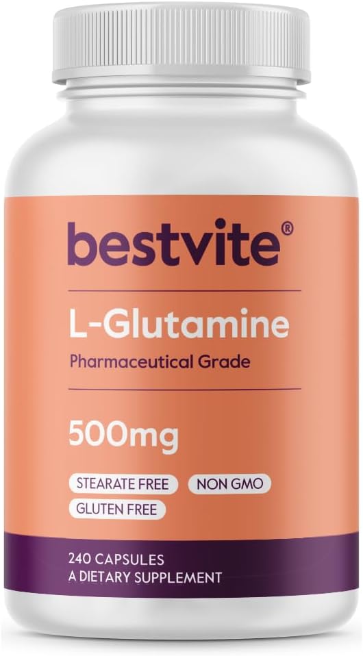 BESTVITE L-Glutamina 500mg por cápsula (240 cápsulas) - No hay fosfato de Dicalcium - No Stearates - No GMO - Gluten Free - Gut Health Support