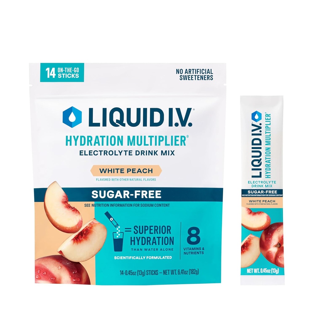 Multiplicador de hidratación I.V.® líquido Azúcar gratis - White Peach ← Electrolyte Powder Drink Mix ← 1 Pack (14 Servings)
