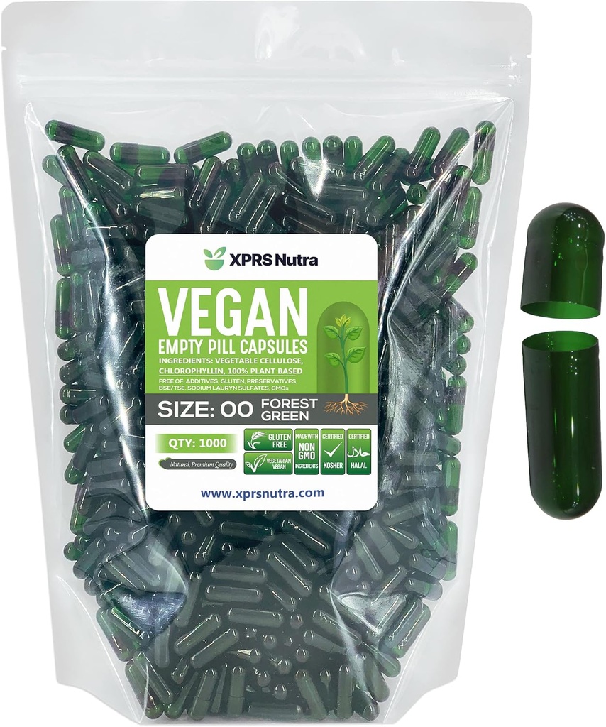 XPRS Tamaño Nutra 00 cápsulas vacías - 1000 cápsulas vacías - Láminas vacías vegetarianas - DIY Vegetal Capsule Filling- Veggie Pill Caps (Forest Green)