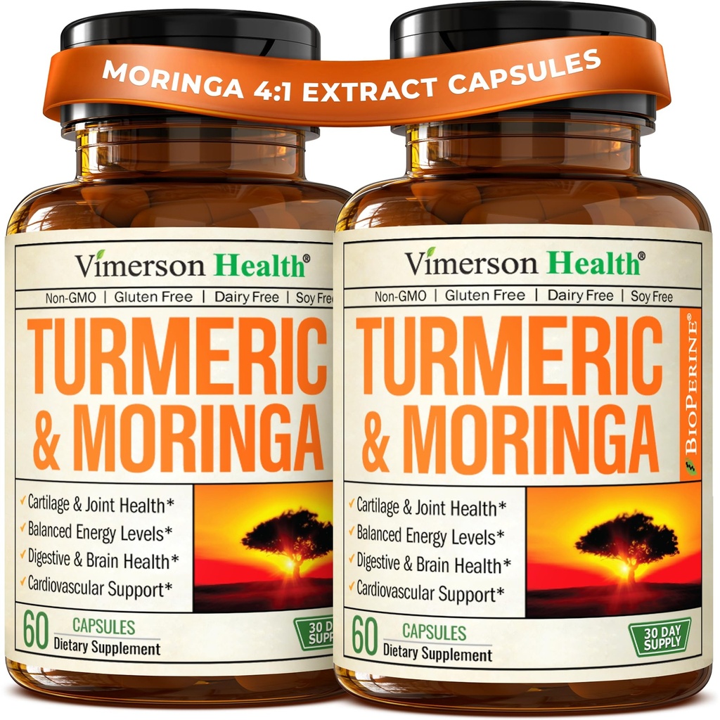 Moringa + Suplemento de Curcumina Turmérica para Salud Conjunta, Salud Gut, Energía y Apoyo Inmunitario - Total Wellness Fórmula - Curcumina tumérica con Pepper Negro &amp; Moringa Pure Capsules - 60 Cuenta - 2 Pack