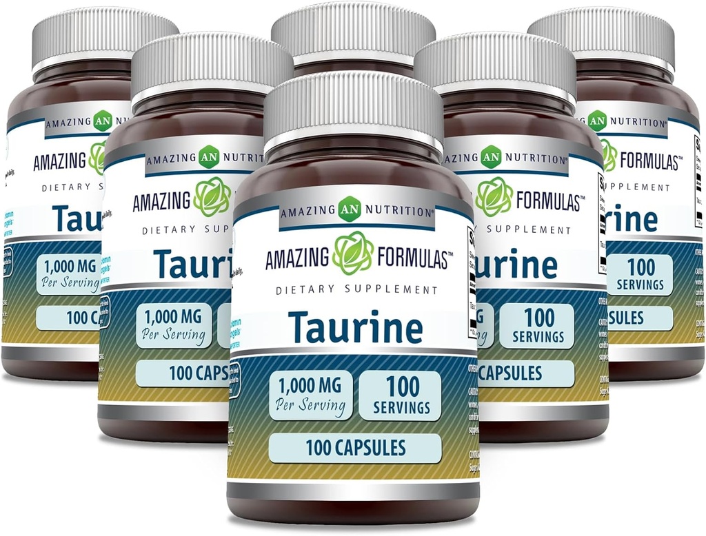 Fórmulas asombrosas Taurine 1000mg Capsules Aminoácidos Suplemento No-GMO Silencio Gluten Gratis Silencio Hecho en EE.UU. (100 Conde Silencio 6 Pack)
