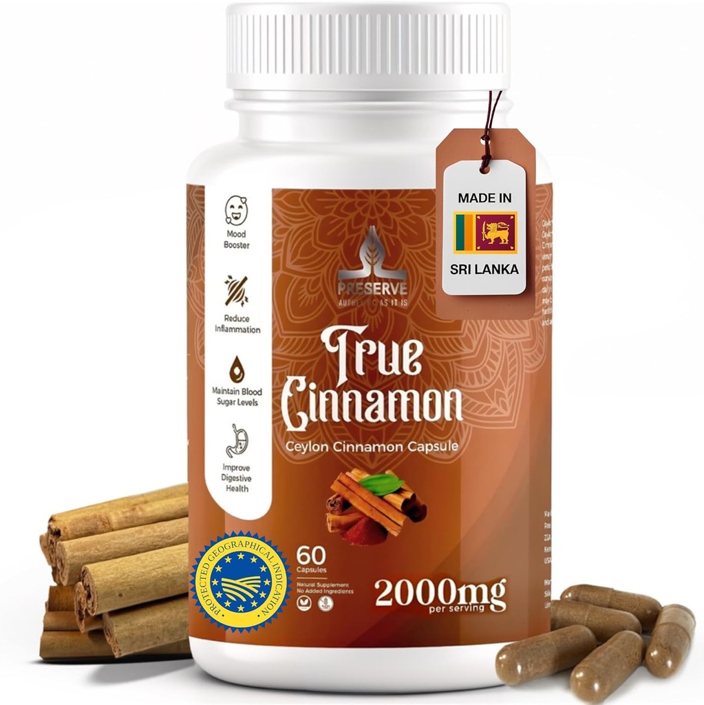 Pure Ceylon Cinnamon Capsules, 2,000mg, Two Month Supplement TEN Made in Sri Lanka ←Non-GMO, Gluten-Free, True Cinnamomum de Sri Lanka, 100% puro canela (NOT Mix with Cassia).