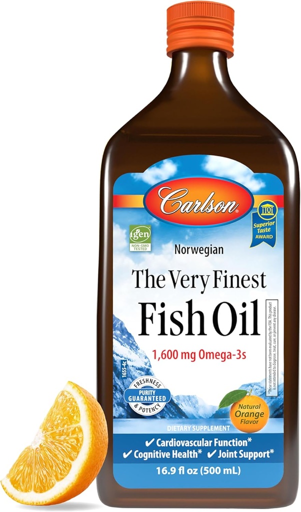 Carlson - The Very Finest Fish Oil, 1600 mg Omega-3, Liquid Fish Oil Supplement, Norwegian Fish Oil, Wild-Caught, Sustentably Sourced Fish Oil Liquid, Orange, 16.9 Fl Oz