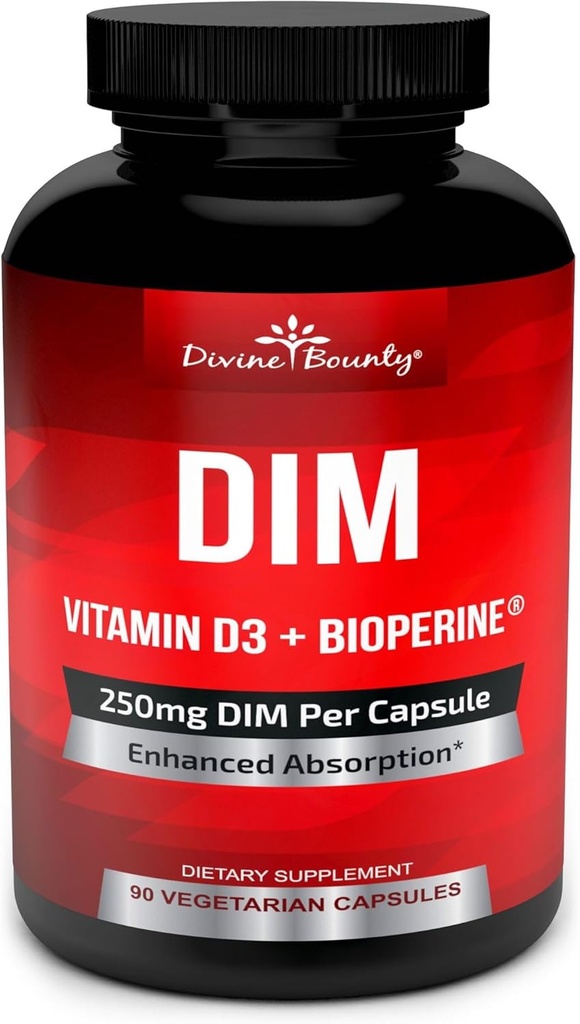 Suplemento DIM 250 mg con vitamina D3 Plus BioPerina - Diindolylmetano Menopause " Estrogen Support, Hormone Balance Support for Women and Men - 90 Vegetarian Caps