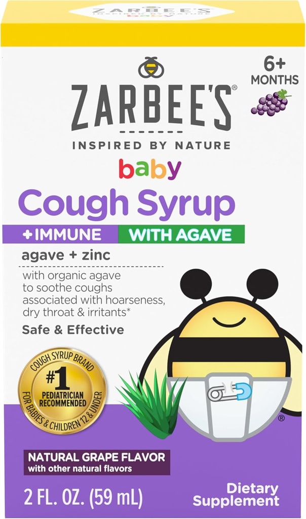 Zarbee's Baby Cough Syrup + Immune with Organic Agave + Zinc; Sabor de uva natural; para bebés 6+ meses, 2 Fl Oz(Pack of 1)