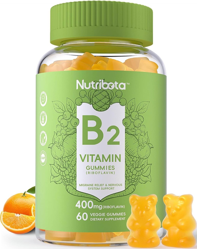 Azúcar Vitamina Gratuita B2 Gummies- Riboflavin 400mg con Magnesio, CoQ10 para Adultos & Niños, Vegan, 60 Cuenta