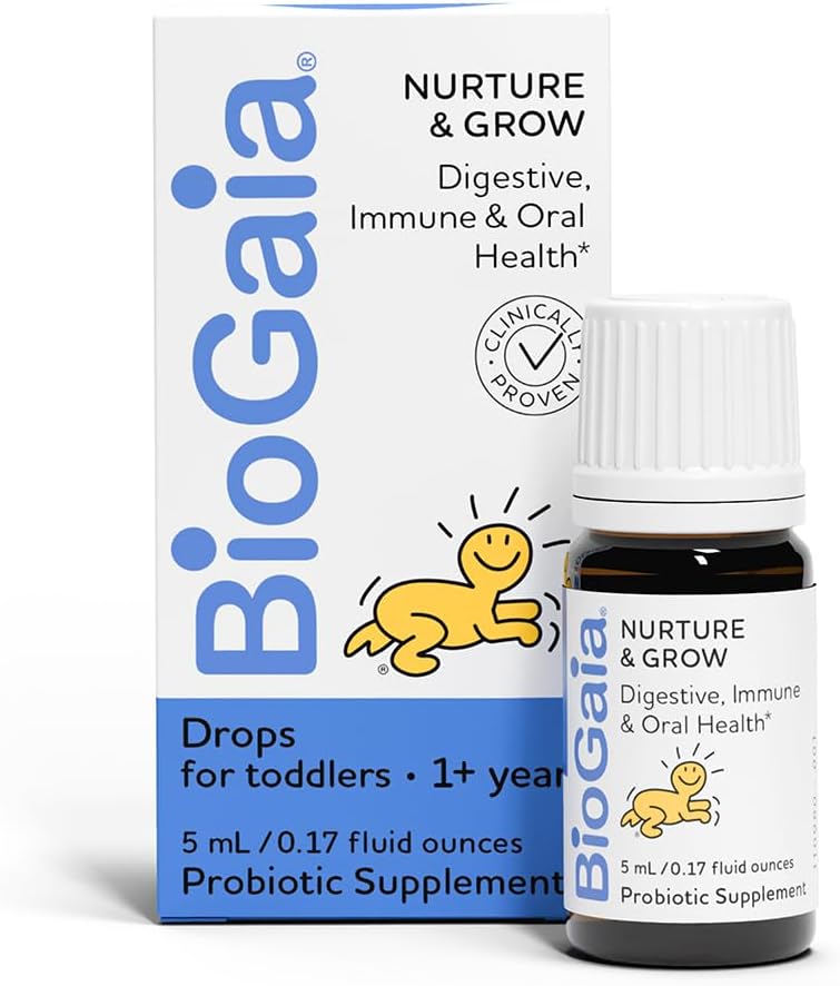BioGaia Nurture & Grow for Toddlers Silencio Edades 1+ ← Probiótico líquido Silencio libre de alérgenos Silencio Triple-Benefit Probiótico para niños ← Salud Digestiva, Apoyo Inmunitario & Protección de la Salud Oral
