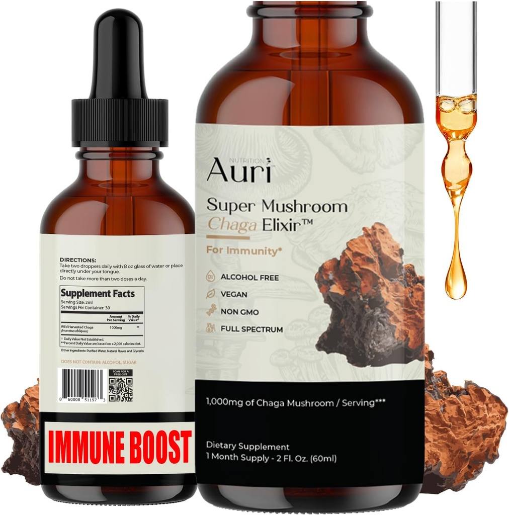 Auri Super Chaga Elixir - Mushroom Superfood Suplemento líquido con espectro completo Immune Soporte de estrés oxidativo y elevación de energía - Chaga Tincture 60 ml