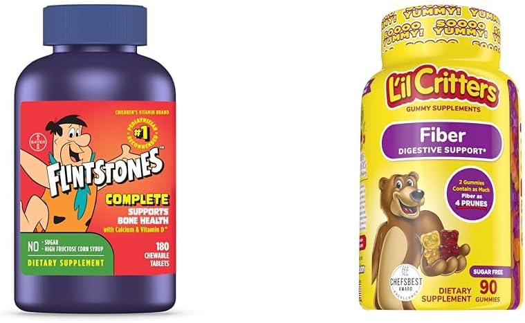 Vitaminas Flintstones Vitaminas Chewable Niños, Completo Multivitamínico " L’il Critters Fiber Daily Gummy Suplemento para Niños, para el soporte digestivo, Berry y Lemon Flavors, 90 Gummies