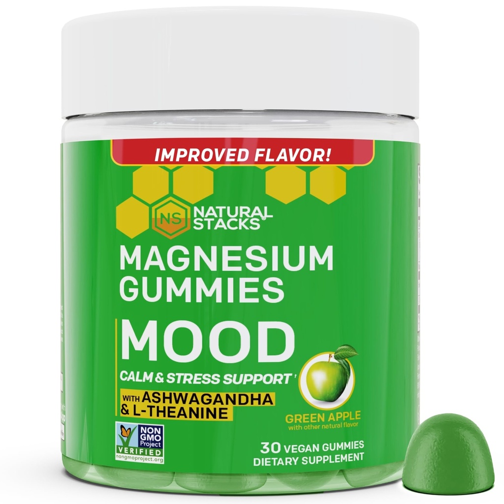 Mood Magnesium Gummies - 200mg Magnesium Citrate & 125mg Sensoril Ashwagandha Gummies - con L Theanine for Calm & Stress Support - Mag Citrate y Ashwagandha Suplemento - 30 Green Apple Chewables
