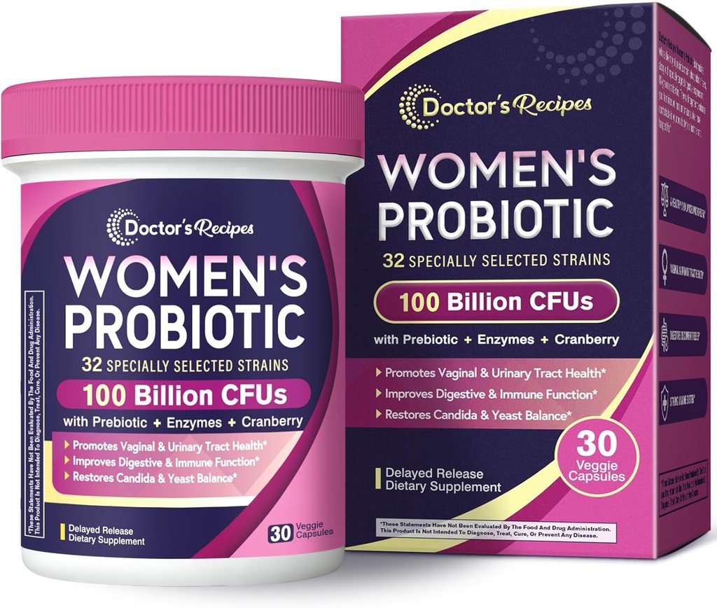 Recetas del médico Probióticos para Mujeres, 100 millones de francos CFU 32 Strains, con fibra prebiótica, enzimas & arándano, vagina Digestiva urinaria & inmune, no levadura, estante, liberación tardía, 30 cápsulas