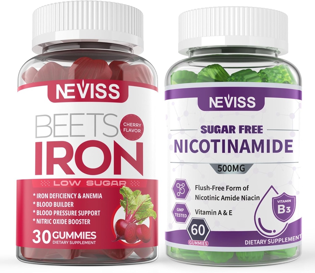 NEVISS Suplemento de Hierro Vegano, Hierro Gentl + Azúcar Sin Nicotinamide 500mg Gummies