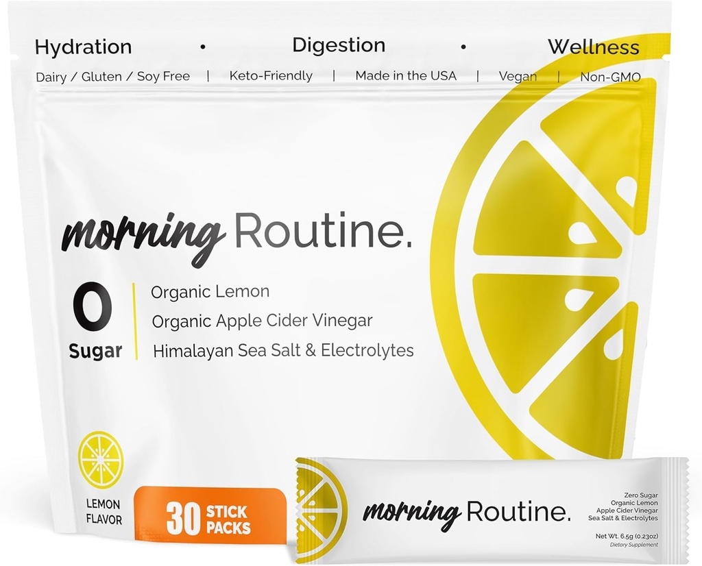 ROUTINE Mañana día Hydration ← Electrolyte Powder Packets con Apple Sider Vinegar, Lemon y Sea Salt ← Keto & Paleo-Friendly Electrolyte Drink Mix (30 Pack)