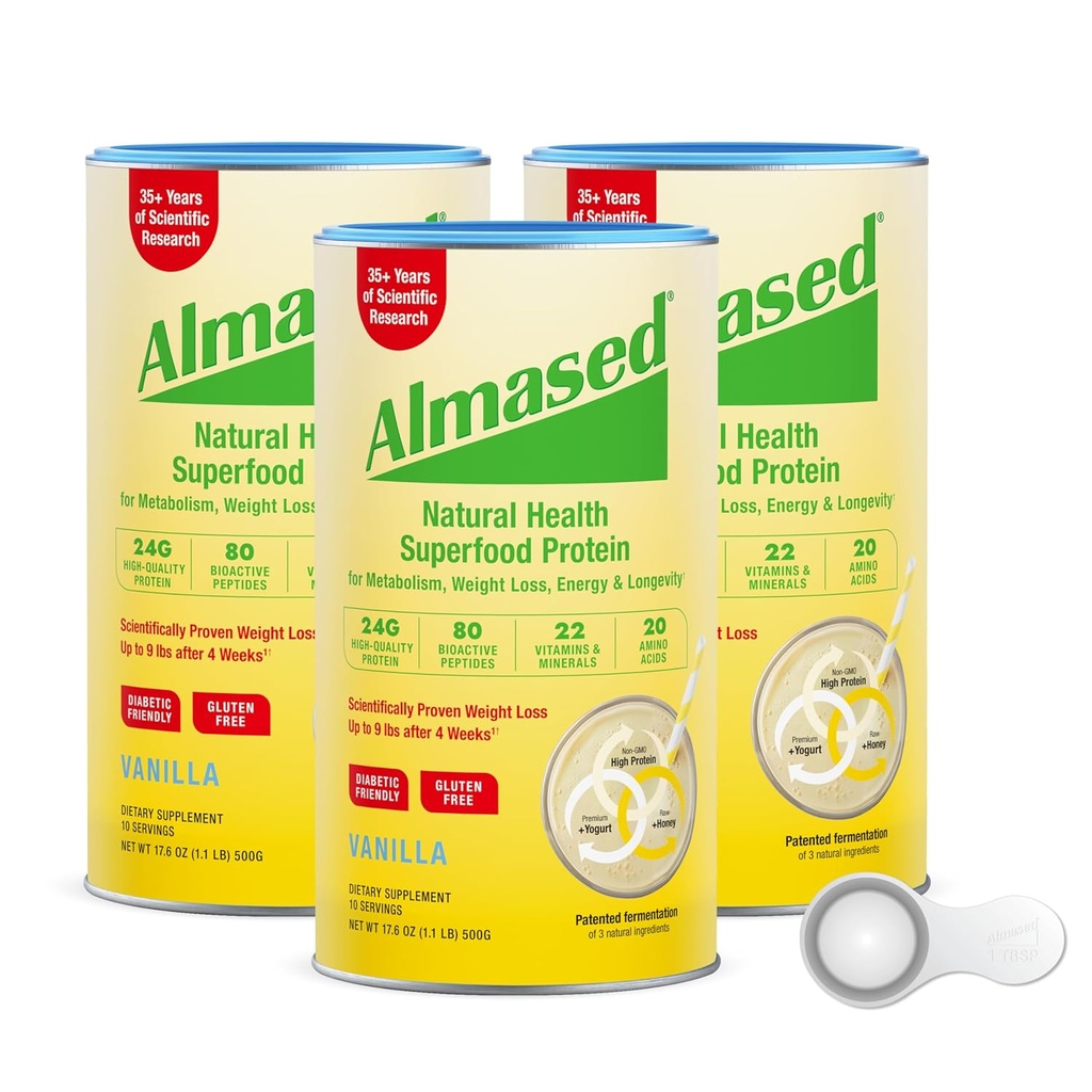 Almased Protein Powder for Weight Loss Kit for Men & Women, Natural Meal Replacement Shake for Weight Loss, Suplemento, 24 Grams of Protein Por Serving (Almond Vanilla Flavor, 3 Cans @ 17.6 oz ea + Scoop)