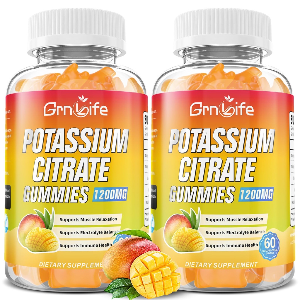 Potasio Citrate Gummies, Suplemento de Potasio Alto Gummies 1200mg Apoyo Leg Cramps &amp; Muscle Health, Potassium Gummies for Adults &amp; Kids, Vegan, Mango Flavor 120 Conde