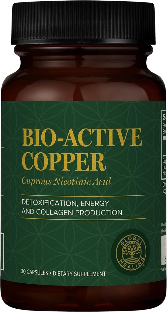 Global Healing Bio-Active Copper Supplement Cu1 - Cuprous Nicotinic Acid Helps Detox Body from Within - Supports Immune System & Red Blood Cell - Niacina Vitamina B3 Cobre Chelated - 30 cápsulas