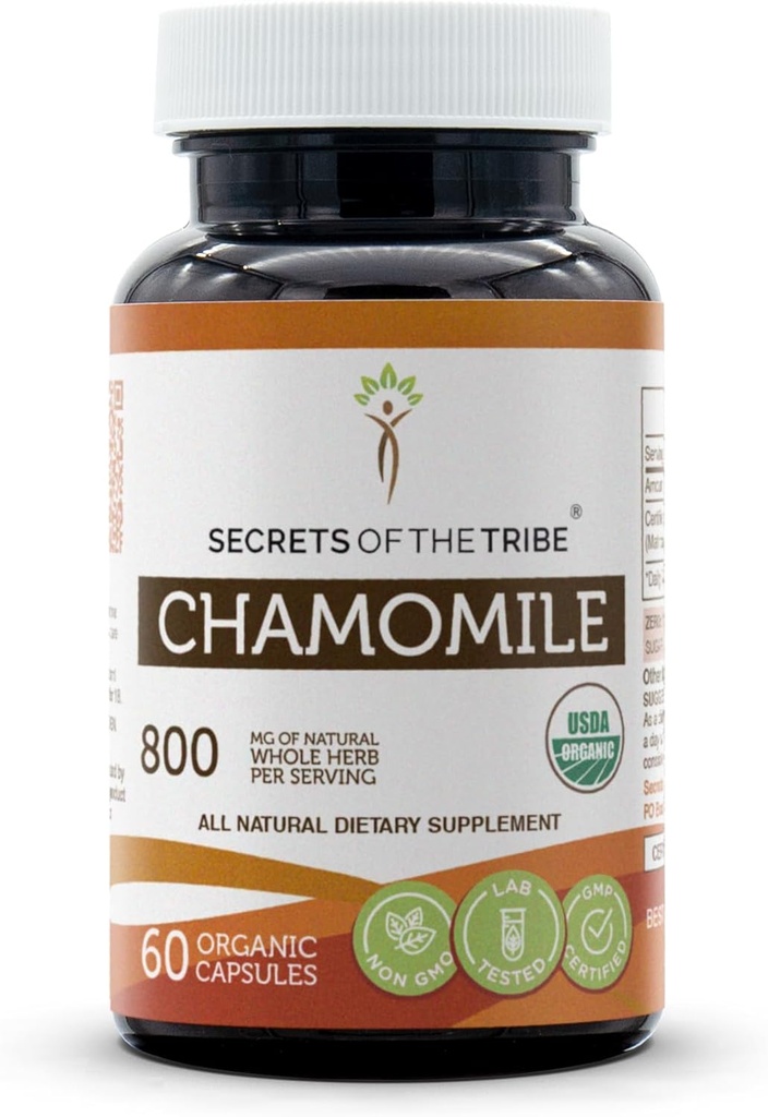 Secrets of the Tribe Chamomile USDA Organic Capsules  Certified Organic Vegetarian Capsules, Herbal Dietary Supplement ← Matricaria recutita Dried Flower (60 Count)