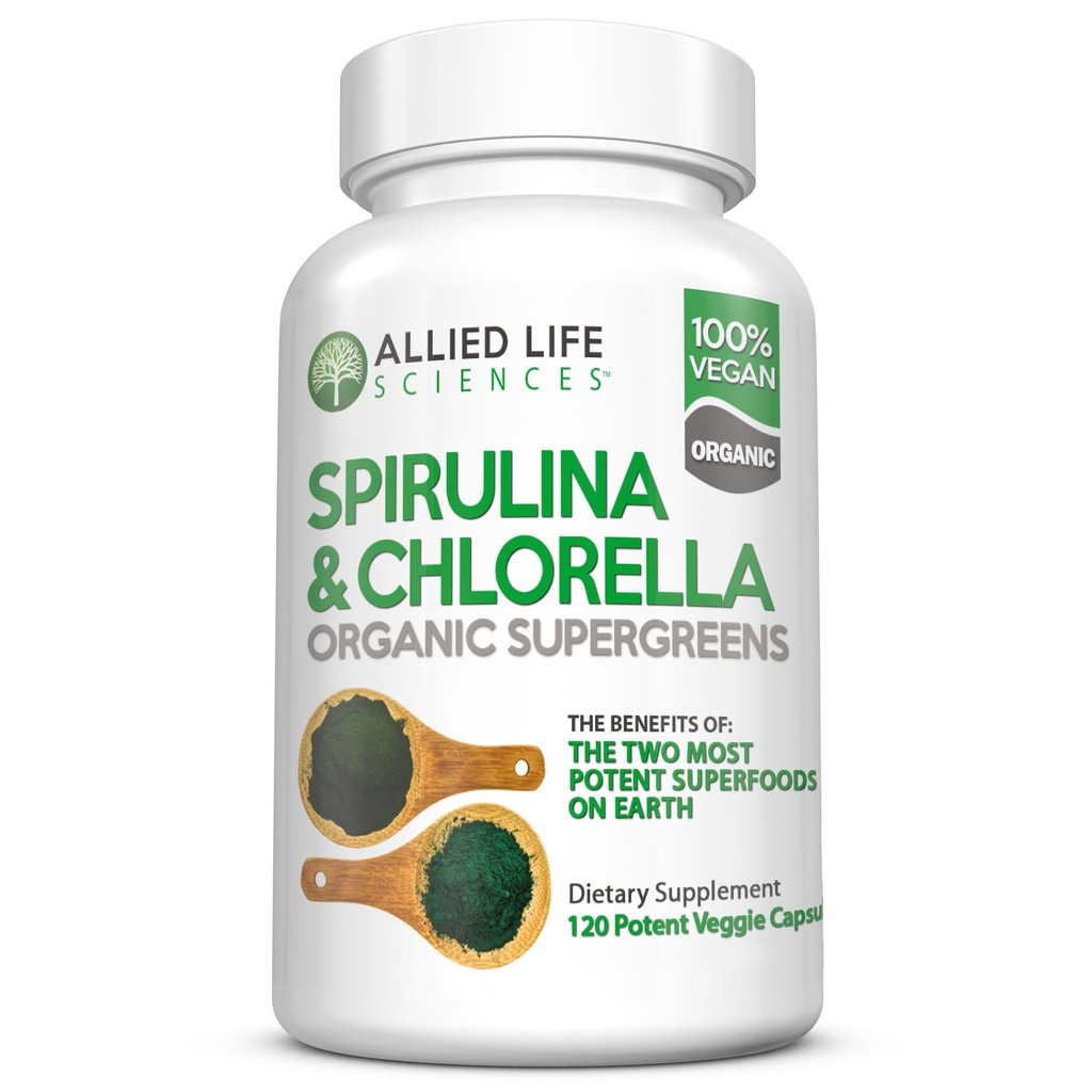 Vida Aliada Espirulina y Clorella ANTE Clorofila orgánica pólvora verde pólvora Superalimentos Ø 120 cápsulas