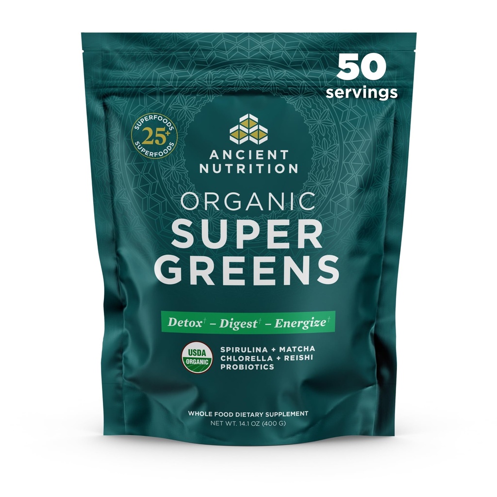 Antigua Nutrición Super Verde Polvo, Polvo Ecológico Superalimentario con Probióticos Hecho con Spirulina, Clorella, Matcha y Enzimas Digestivos, 50 Servimientos, 14.1 oz