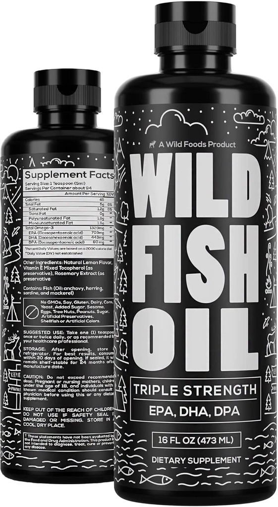 Alimentos silvestres Omega 3 Suplemento de aceite de pescado, Lemon, 16 oz (1 pk) ← Wild Caught, Burpless, Odorless, Non-GMO, Gluten Free ← DPA, DHA, EPA Triple Strength Heart & Joint Nutrition for Women & Men
