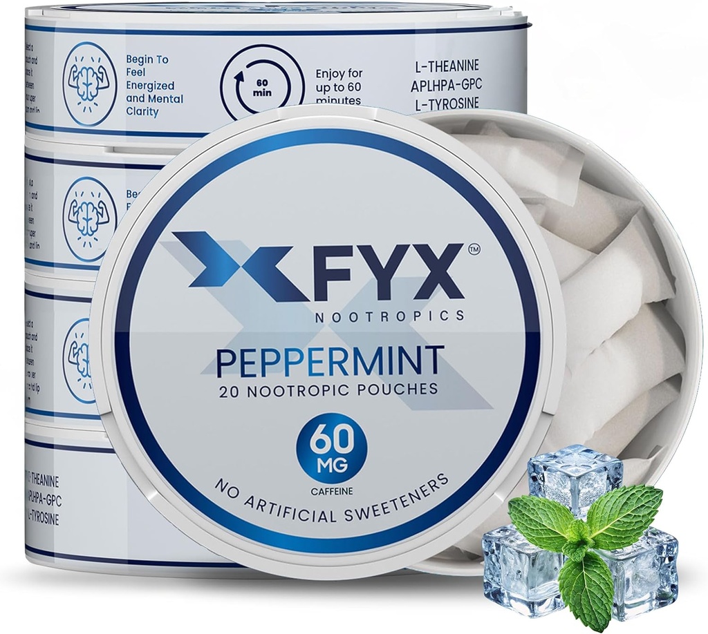 FYX Caffeine Nootropic Pouches – Clean Energy & Focus with Alpha-GPC, L-Tyrosine & L-Theanine – 60mg Caffeine Pouches – Pouches Alfa Sin Azúcar – 5-Pack (5-Count, Peppermint)