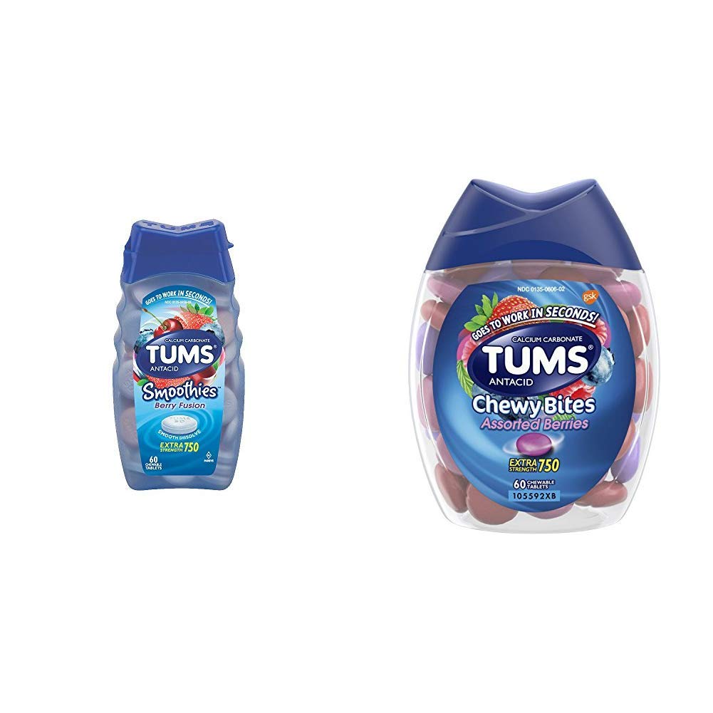 TUMS Smoothies Berry Fusion Extra Strength Antacid Chewable Tablets for Heartburn Relief, 60 Tablets & TUMS Chewy Bites Assorted Berries Antacid Hard Shell Chews for Heartburn Relief, 60 Count