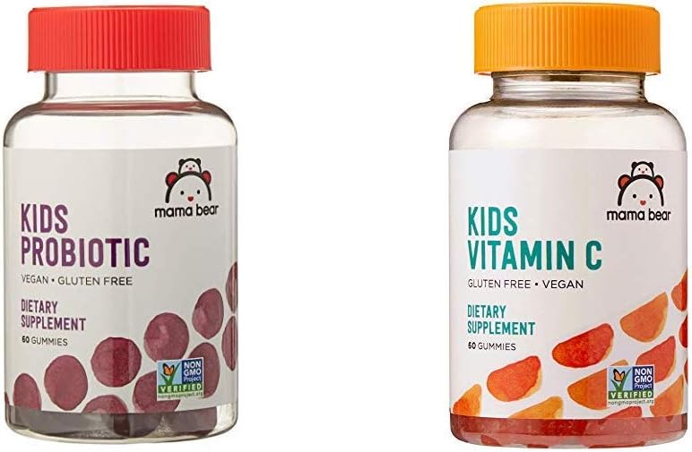 Amazon Brand - Mama Bear Vegan Probiótico, 60 Gummies, 1 billón CFU por Gummy & Mama Oso Vegan Niños Vitamina C, 60 Gummies, 125 mg Vitamina C por Gummy