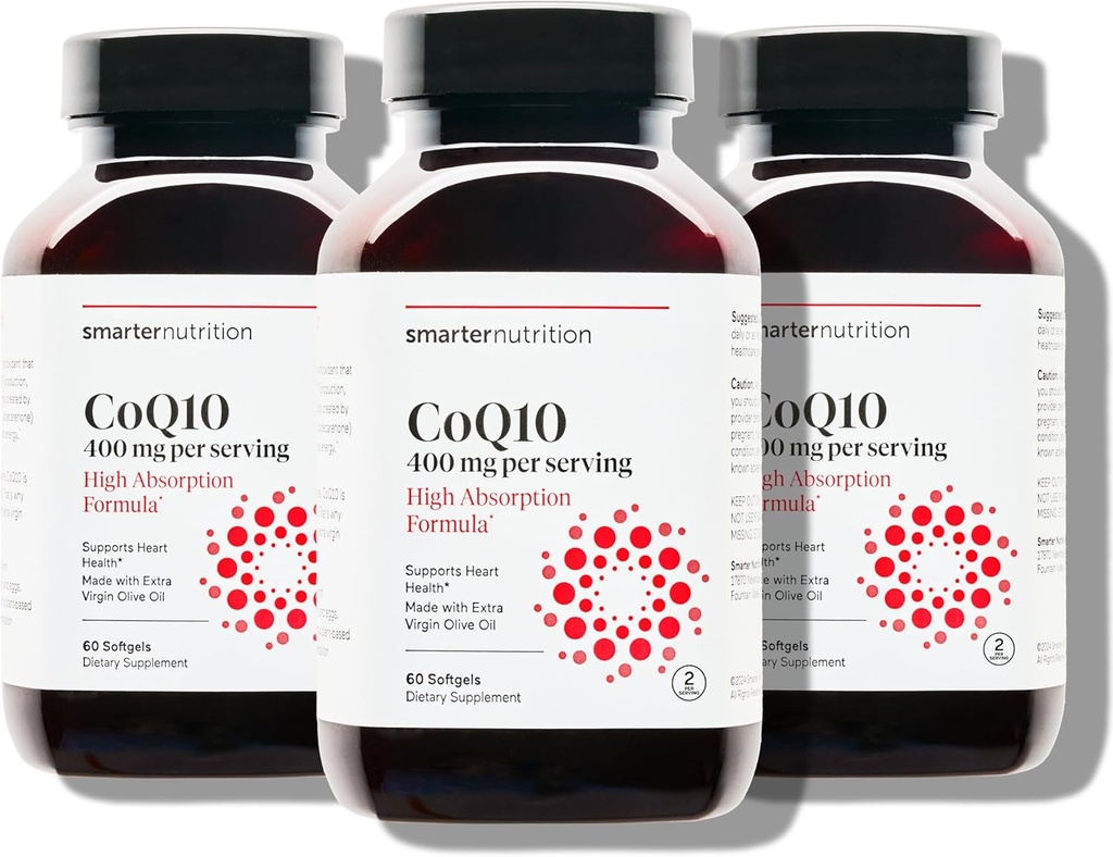SMARTERNUTRITION CoQ10 400 mg Alta absorción - Naturalmente Fermented Ubiquinone w / Aceite de Oliva Cold-Presed Orgánica - para la salud del corazón, energía celular - No GMO, Gluten Gratis - 180 Conteo[90-Day Supply]