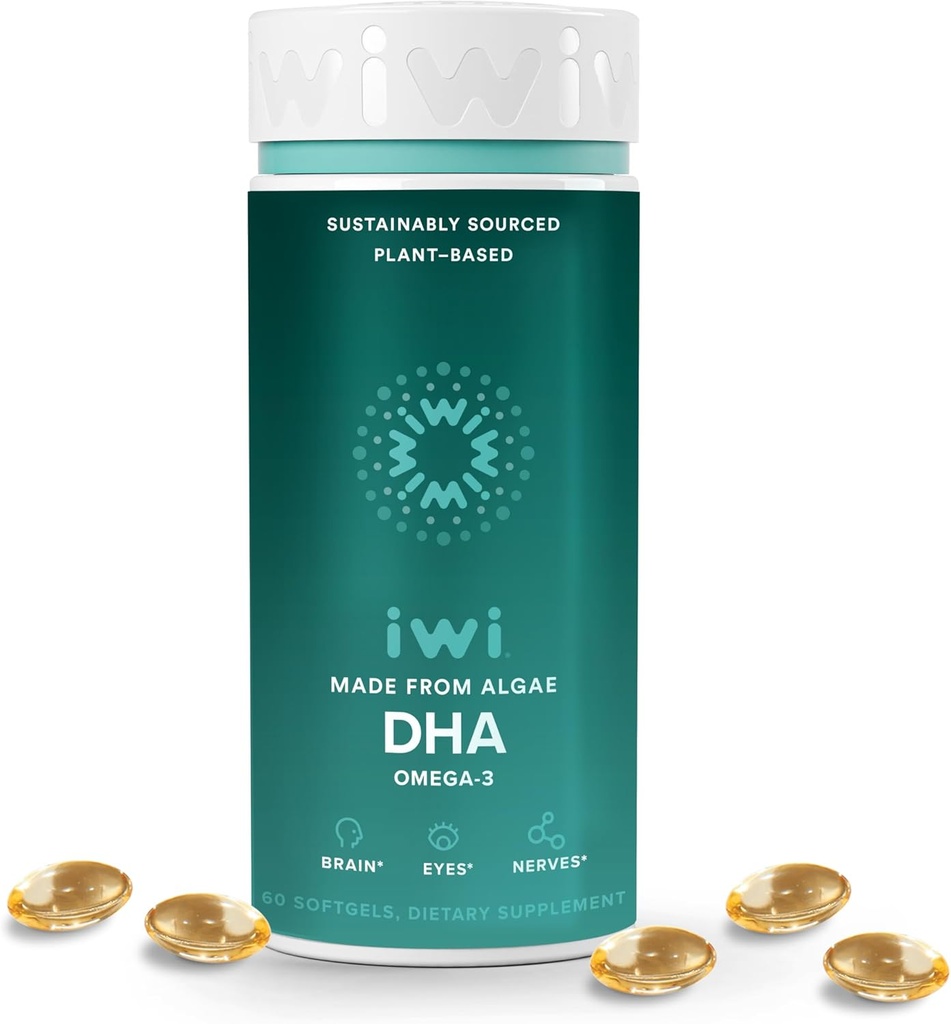 Iwi DHA Omega-3, 60 Softgels (30 Servings), Alga de base vegetal Omega 3, Brain, Eyes & Nervous System Support Suplemento dietético, Krill " Fish Oil Alternative, No Fishy Aftertaste