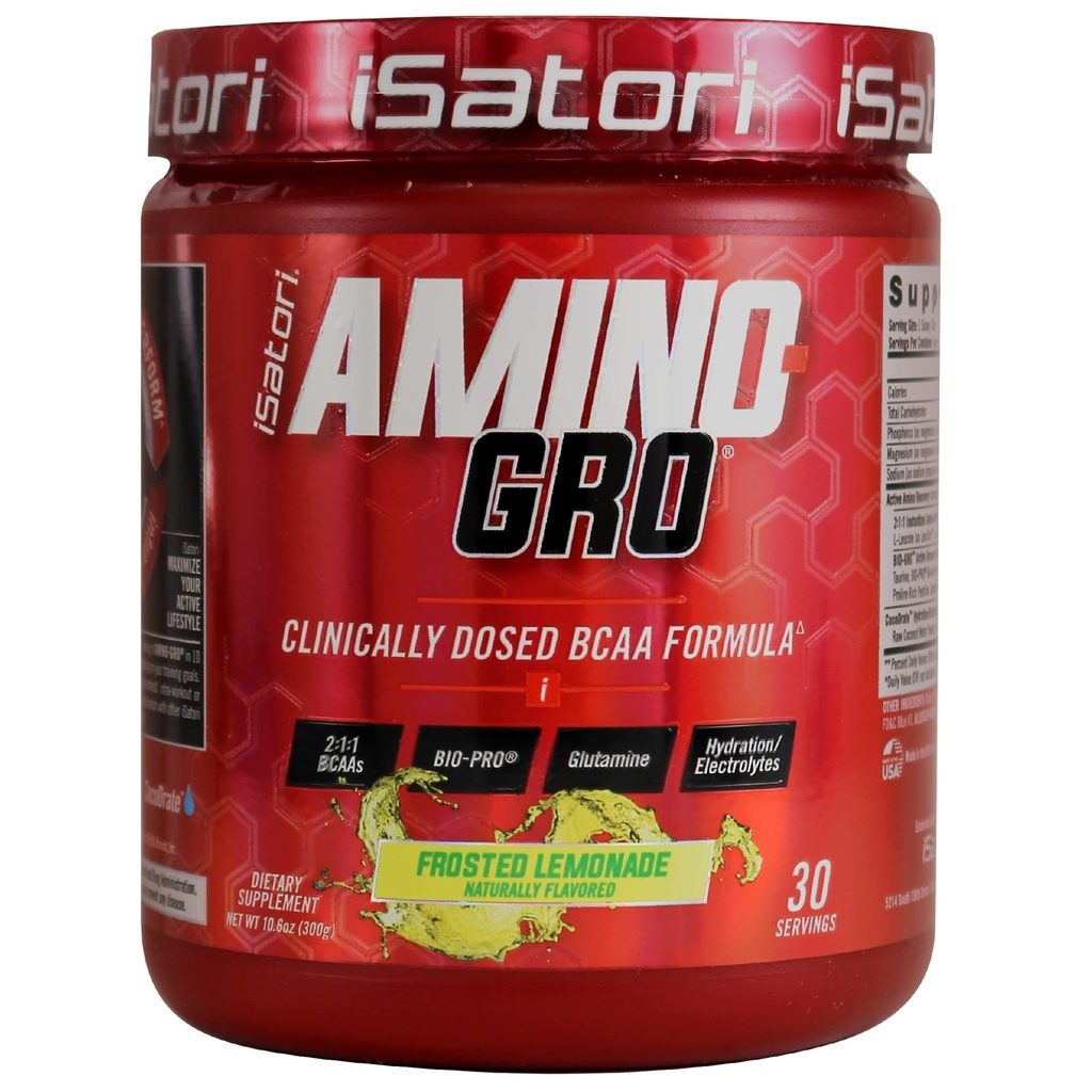 iSatori Amino-GRO BCAA Powder, Aminoácidos de cadena ramificados con Glutamina, Polvo electrolito " Bio-GRO Péptidos activos para el crecimiento muscular " Recuperación de Post Workout, Limonada Frosted (30 Servimientos)