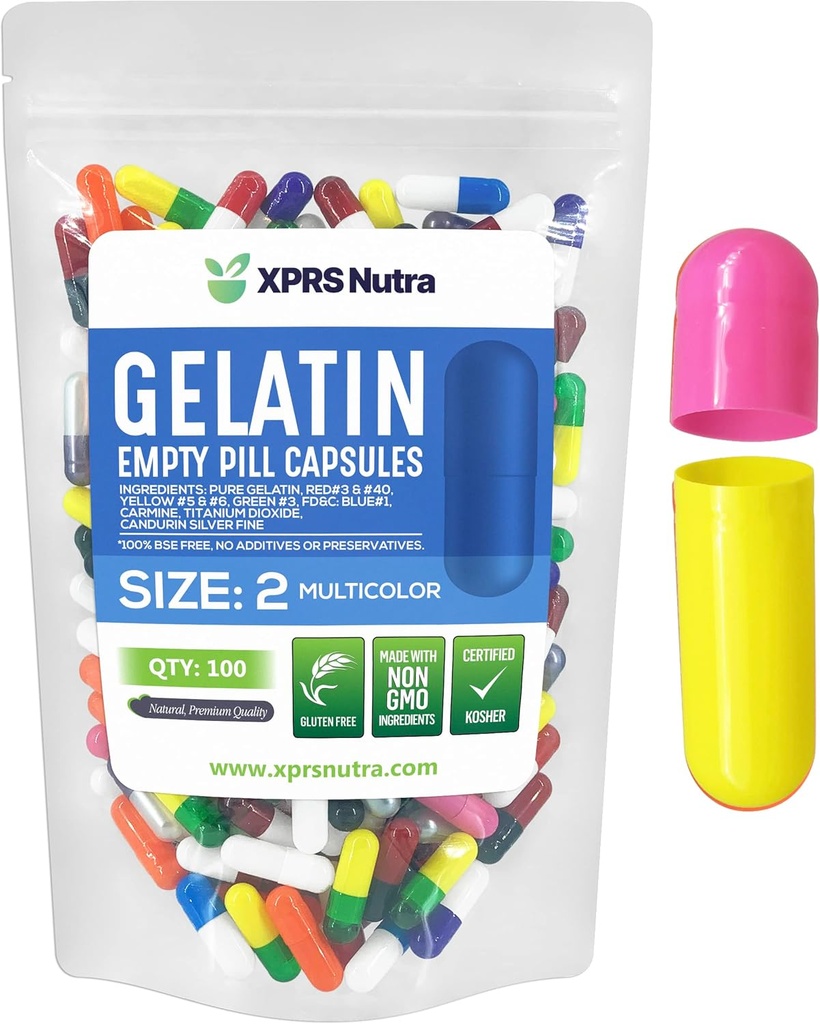 XPRS Nutra Size 2 Empty Capsules - 100 Count Empty Gelatin Capsules - Pills DIY Capsule Filling - Pure Bovine Pill Gel Caps for Do-It-youself Supplements (Multi Color)