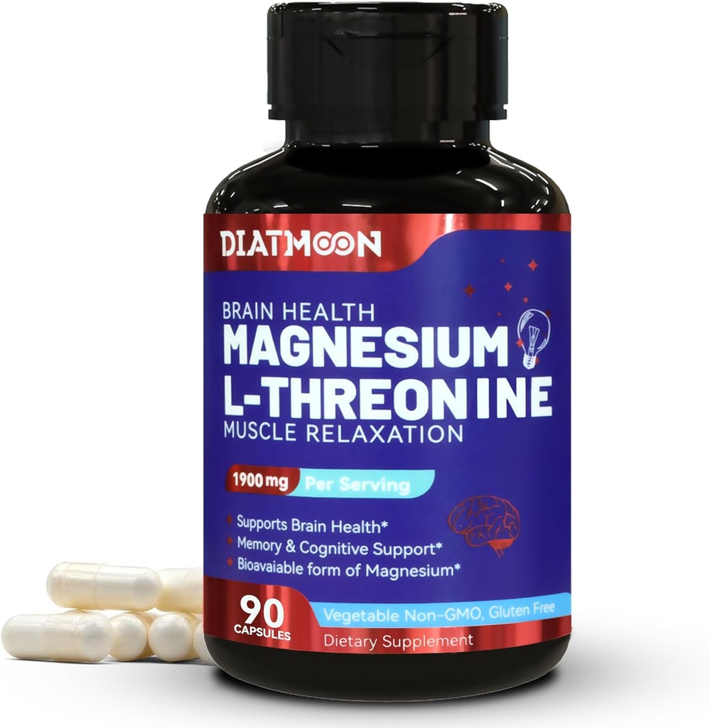 Magnesio L-Threonina, Suplemento Magnesio de alta absorción, 1900 mg de Threonina de magnesio para la salud cerebral, soporte de memoria, libre de gluten, no GMO,90 Cápsulas Vegan