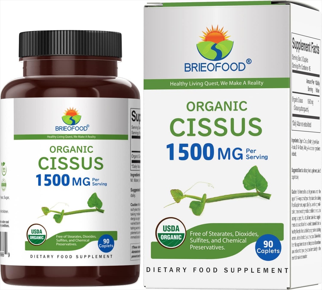 Brieofood Organic Cissus Quadrangularis 1500mg, 45 Servings, Vegetarian, Gluten Free, 90 Tablets Vegetarianos