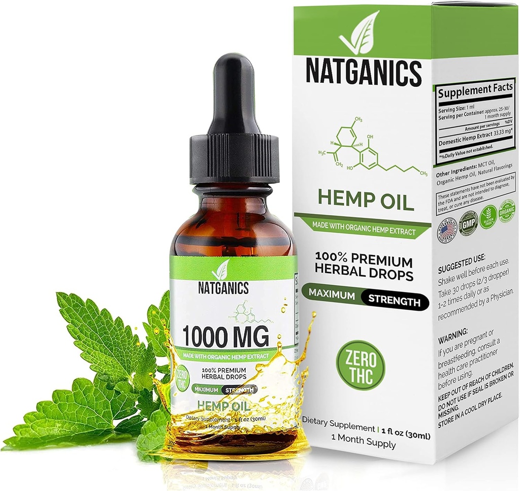 Aceite de cáñamo orgánico 1000mg - Ultra Premium gotas de aceite de cáñamo 1000mg - Extracto de aceite de cáñamo natural Tintura - No GMO Caídas extraídas de CO2 UltraPure - Ácidos grasos Omega 3 6 9 - Orgánicamente Grown & Made in USA