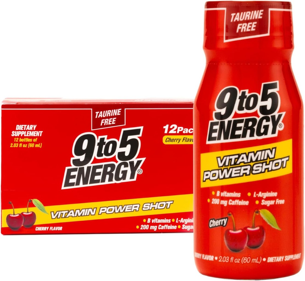 Vitamina Power Shot - Cherry Flavor, Taurine-Free, Sugar-Free, 12 Pack (2.03 fl oz Cada uno) - Boost Energy, Focus, and Vitality with B Vitamins and L-Arginine