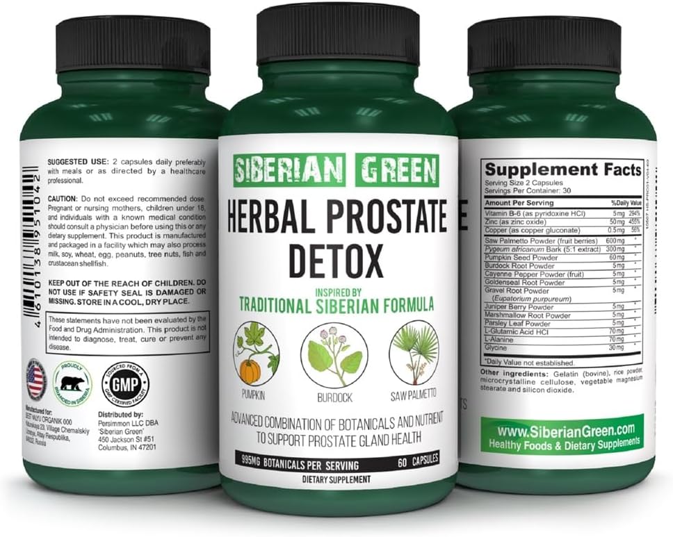 Herbal Prostate Detox 60 cápsulas – Saw Palmetto Burdock calabaza tradicional Siberiana Fórmula