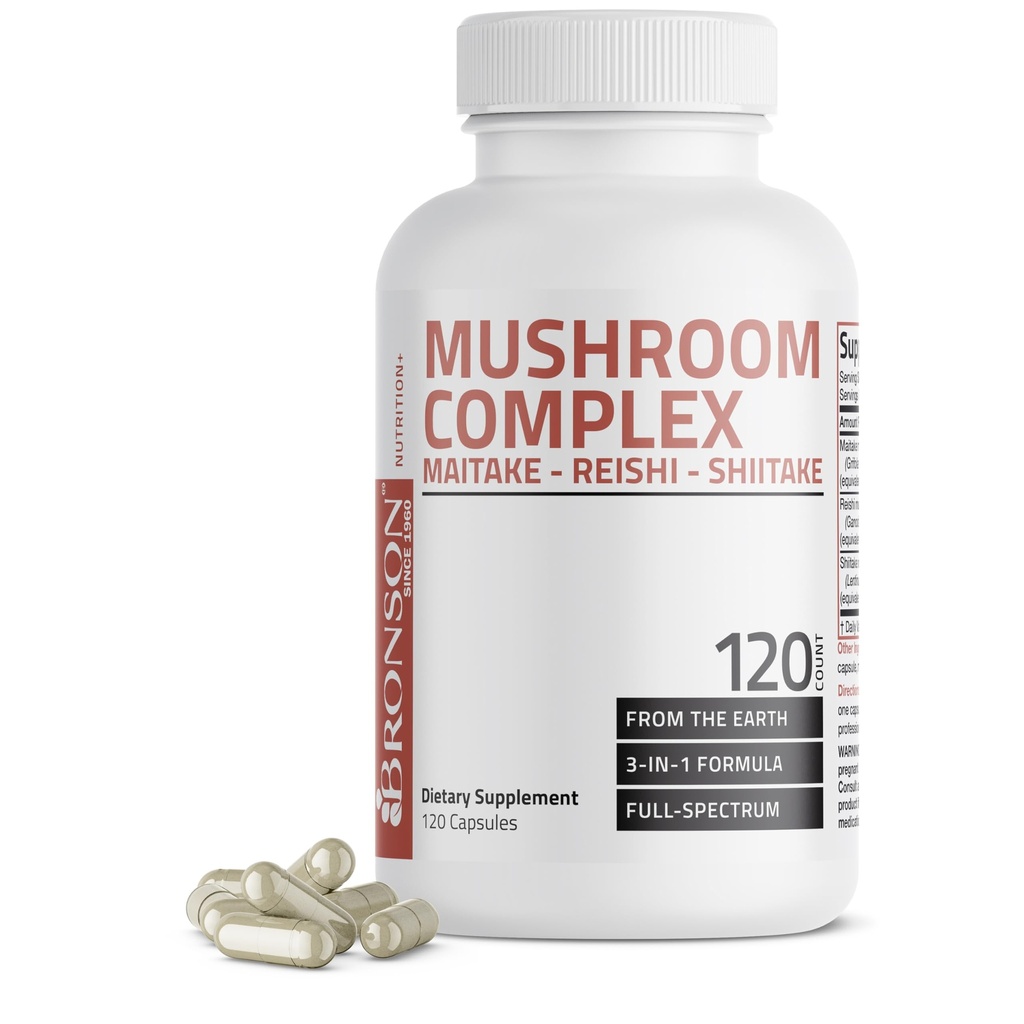 Complejo de novio triple de Bronson - Maitake - Reishi - Shiitake - potente antioxidante e inmune del sistema Booster - Complejo completo de mushroom de Spectrum - 600 mg cápsulas - 120 cuenta