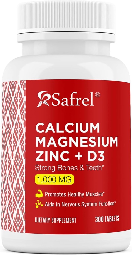 Safrel Calcio Magnesio Zinc con Vitamina D3, 300 Tabletas - Calcio 1000 mg, Magnesio 400 mg, Zinc 20 mg & D3 600 UI por Serving