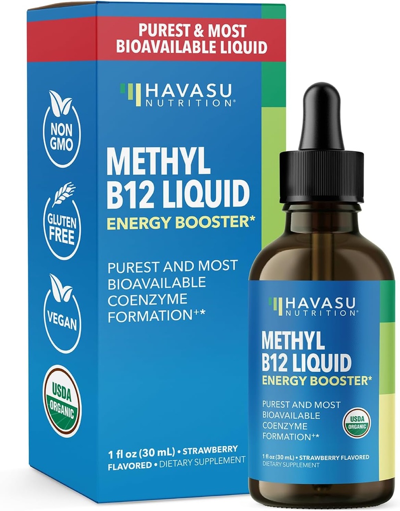 USDA Vitamina Orgánica B12 Liquid Drops - Metilcobalamina for Enhanced Energy and Nervous System Support - 30 Servings - Highly Bioavailable for Absorption - Non-GMO, Vegan, Strawberry Flavor, 1 Fl Oz