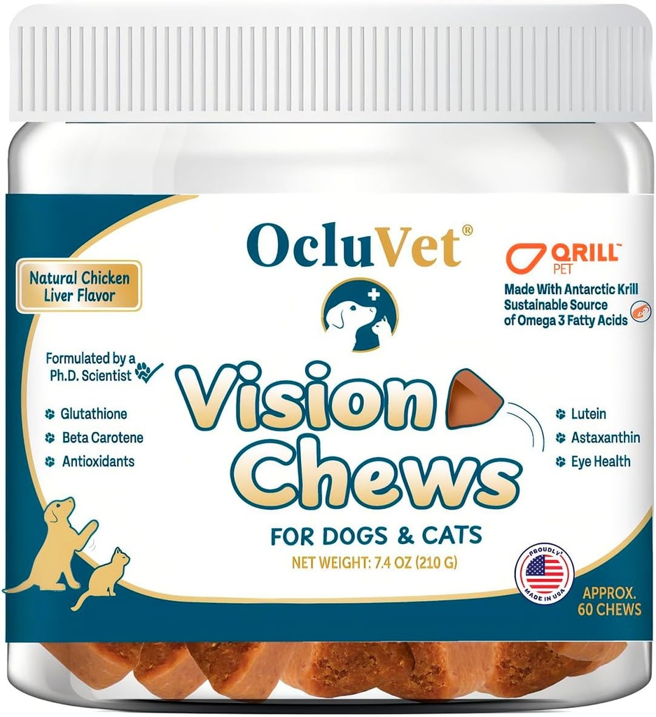 Vision Chews Eye Supplements for Dogs & Cats with Omega 3 Krill, Astaxantin, Choline, Lutein, Glutathione, Cat Vision Supplement & Dog Eye Supplements, Chicken Liver Flavor, 60 Chews, 3.5g Cada uno