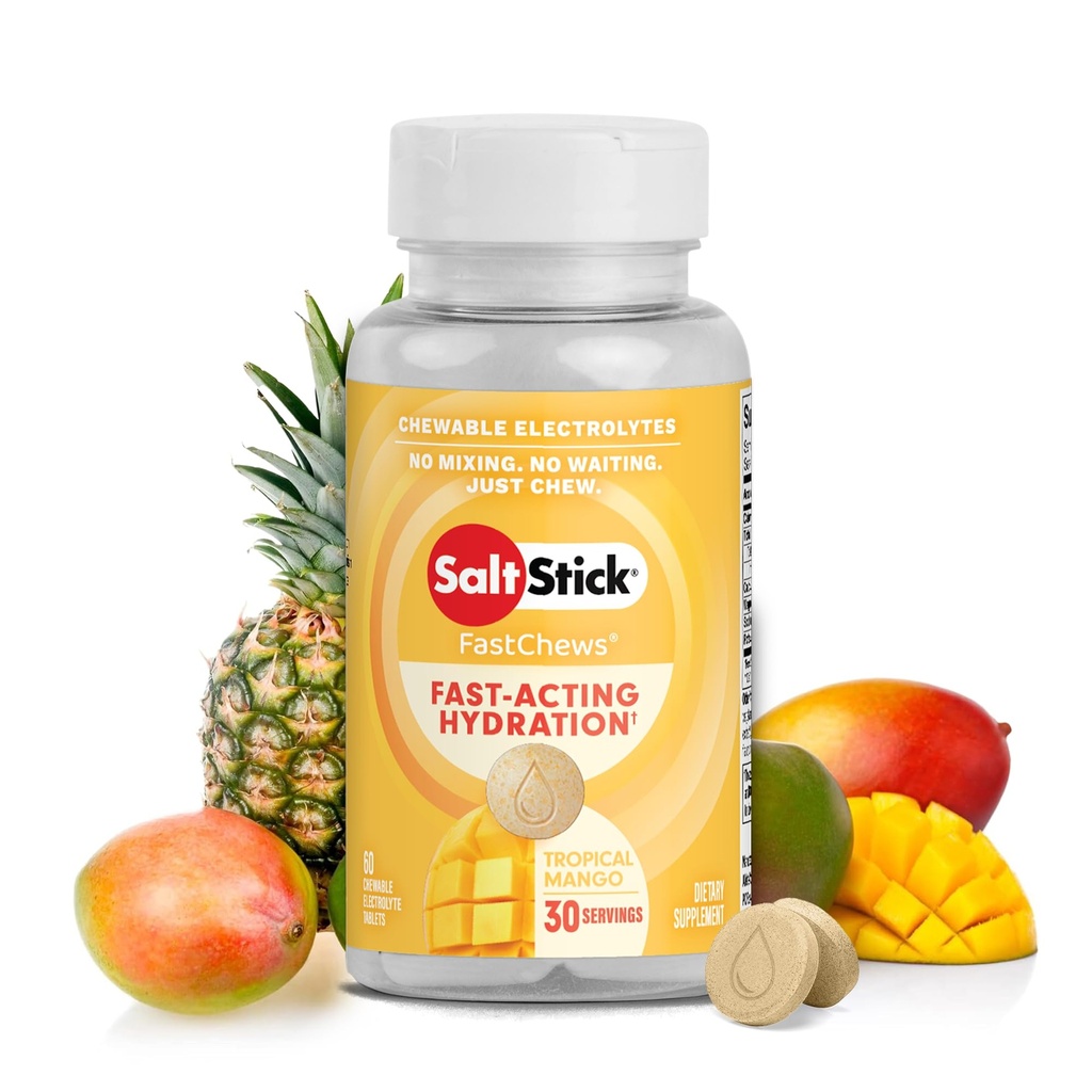 SaltStick Electrolyte FastChews - 60 electrolitos de mango tropical - Tablas de sal para correr e hidratación, cerdas de electrolitos - 60 cuenta