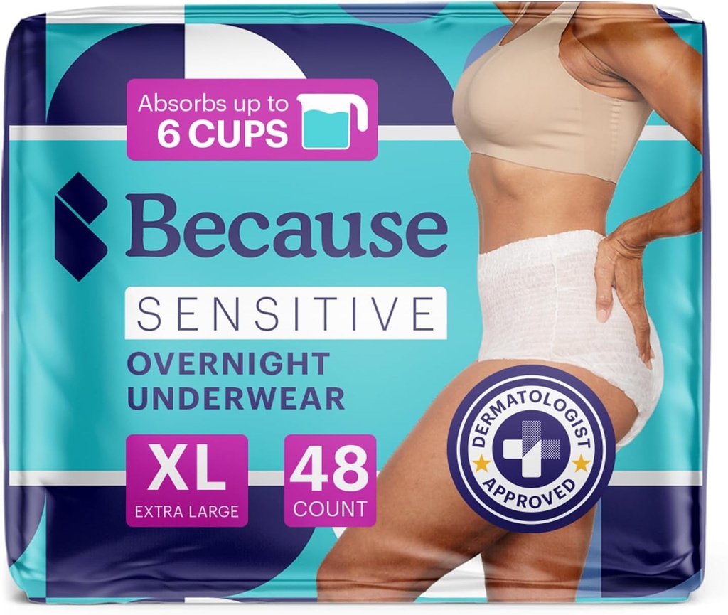 Debido a la incontinencia adulta ropa interior para la piel sensible - Mujeres - Premium durante la noche Breves desechables, Anti olor - blanco, X-Large - Absorbs 6 Copas - 48 Cuenta (4 paquetes de 12)