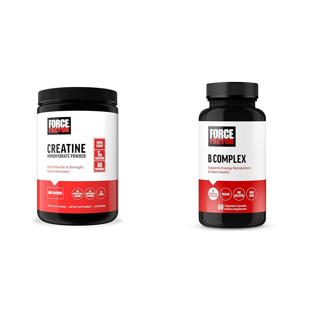 Factor de fuerza Cretina Powder 60 Servimientos y Complejo de vitamina B 60 cápsulas Bundle para la ganancia muscular, fuerza, energía y recuperación más rápida