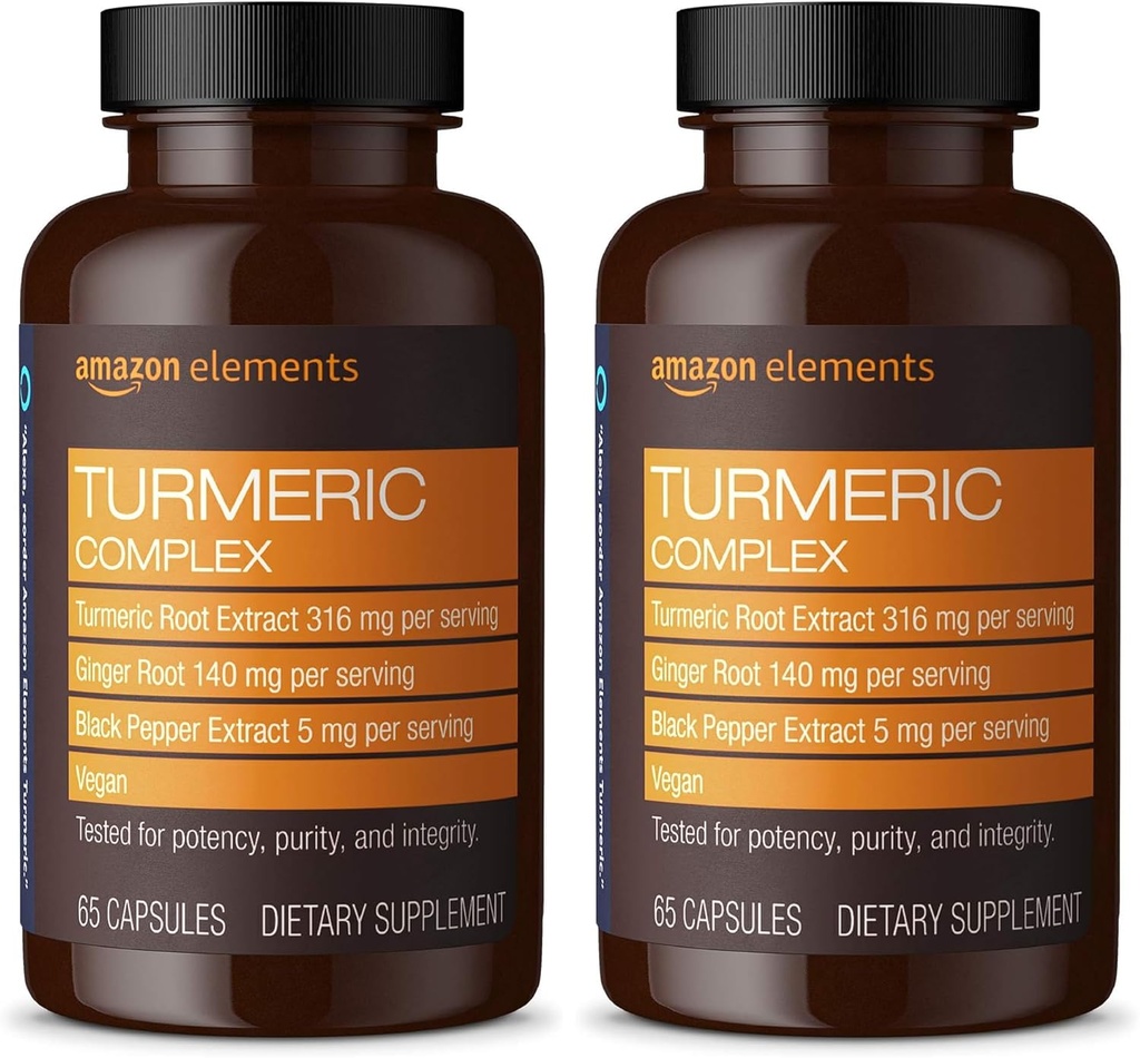 Elementos de Amazon Complejo Turmérico, 316 mg de Curcumina, 140 mg de jengibre, 5 mg Pepper Negro - Sistema Conjunto & Inflamación Saludable Respuesta - 65 cápsulas (2 Mes de Suministro) (Pack de 2)