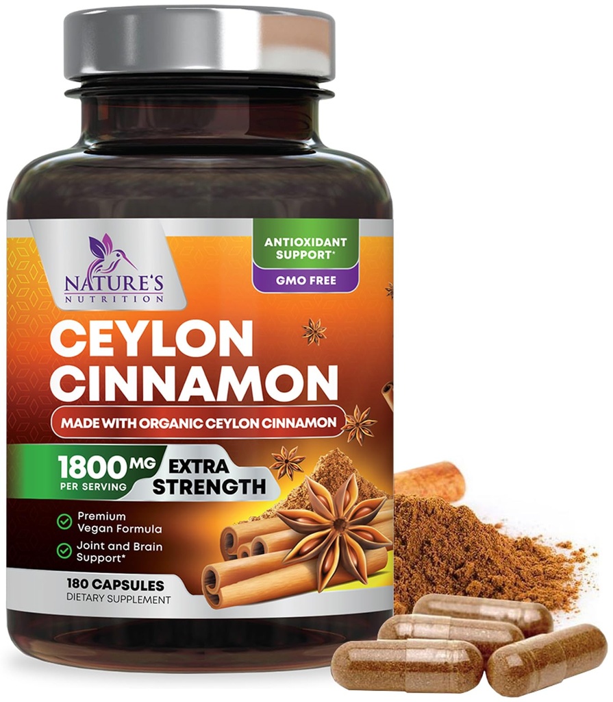 Orgánica Ceillón Cinnamon Suplemento 1800mg - Certified Organic Ceylon Canela Powder Pills - Energía & Corazón de Soporte para Hombres Mujer, Botellado en EE.UU., Antioxidante, Gluten Free, Non-GMO - 180 cápsulas