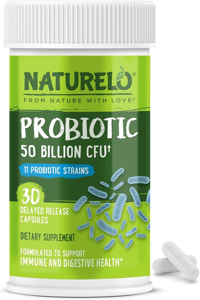 NATURELO Probióticos para la Salud Digestiva - 50 Billones CFU, 11 Strains Daily Supplement - Boosts Immune System, Delayed Release, 30 cápsulas vegetarianas